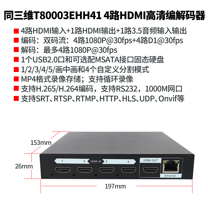 T80003EHH41 H.265 4路HDMI高清编解码器简介